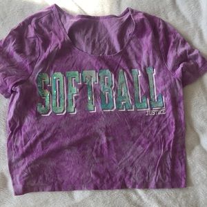 Justice purple crop top with “softball” sequined